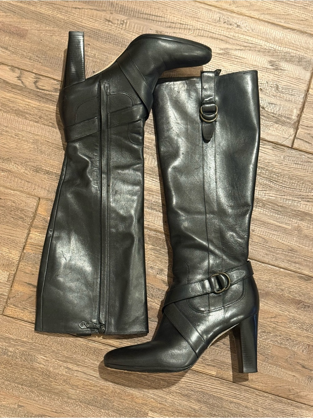 Cole Haan Black Leather Knee-High Heeled Boots with Buckle